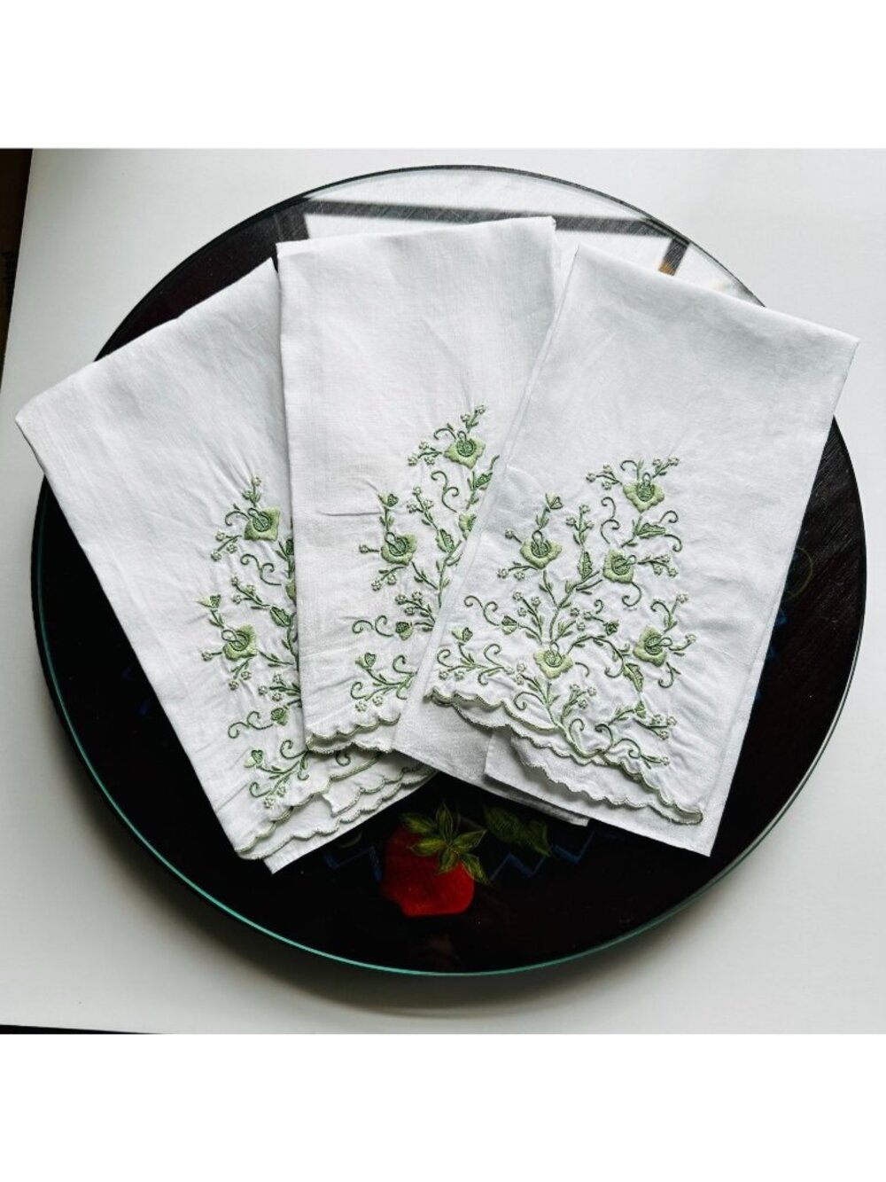 Vintage White Linen Hand Embroidered Green Floral Guest Tea Towels 3 Portugal